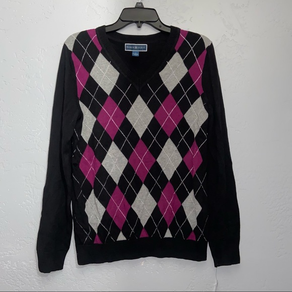 NWT Karen Scott Women's Argyle Diamond V-Neck Sweater Long Sleeve Size Medium - Picture 1 of 5